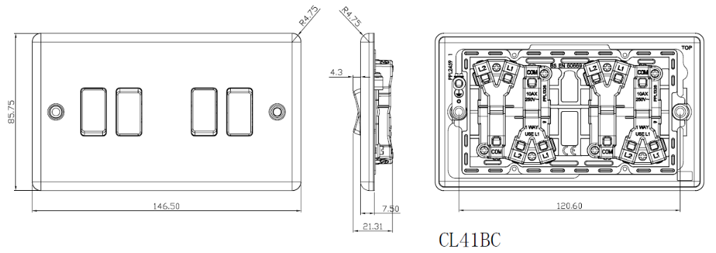 Switch, Plate 4 Gang 2 Way Rounded Edge, IP20 - Image 2
