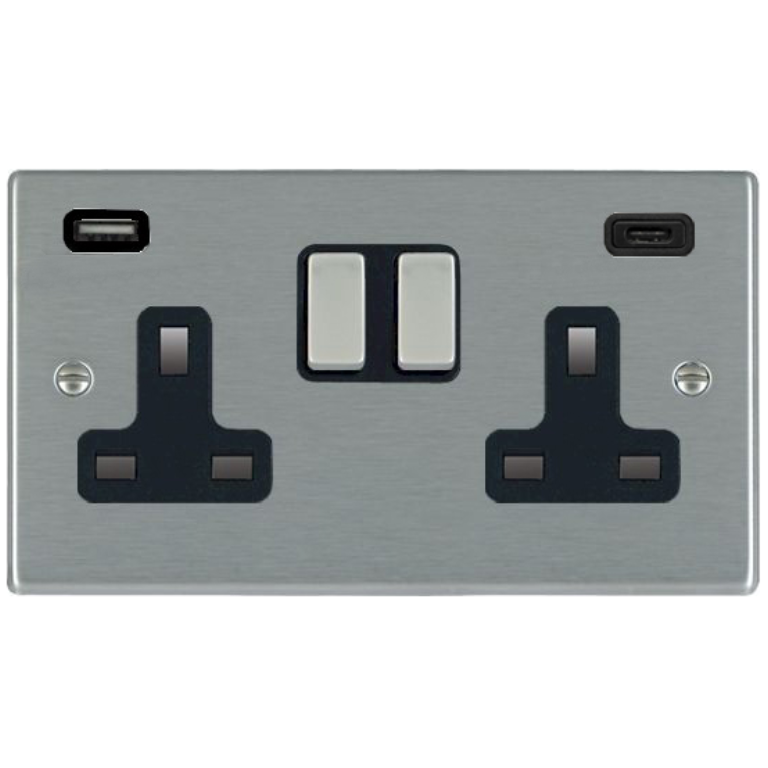 Socket, 2G DP Switched c/w USB+C Outlets, 2×2.4A Blk Insert