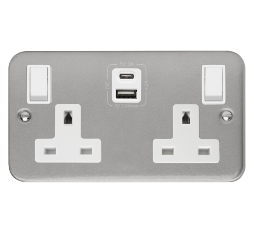 Socket, 2 Gang Switched c/w Twin USB Outlet, Type A & Type C